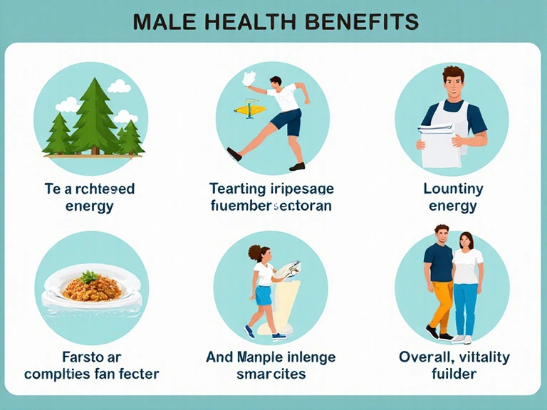 Infografic beneficii sănătate masculină: energie, rezistență, vitalitate