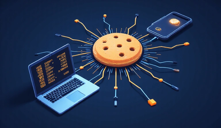 Ilustrație cu un cookie digital și un dispozitiv electronic