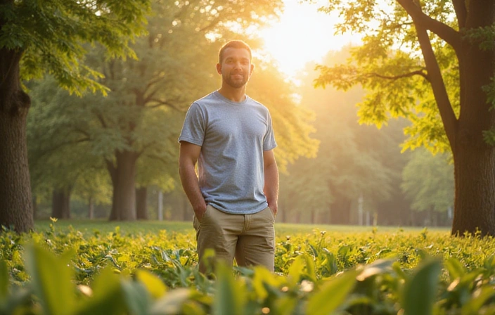 Imagine abstractă cu un bărbat încrezător în natură, simbolizând vitalitate și sănătate
