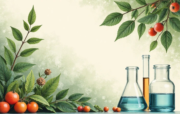 Imagine abstractă cu ingrediente naturale și ustensile de laborator, simbolizând abordarea naturală și rigoarea științifică