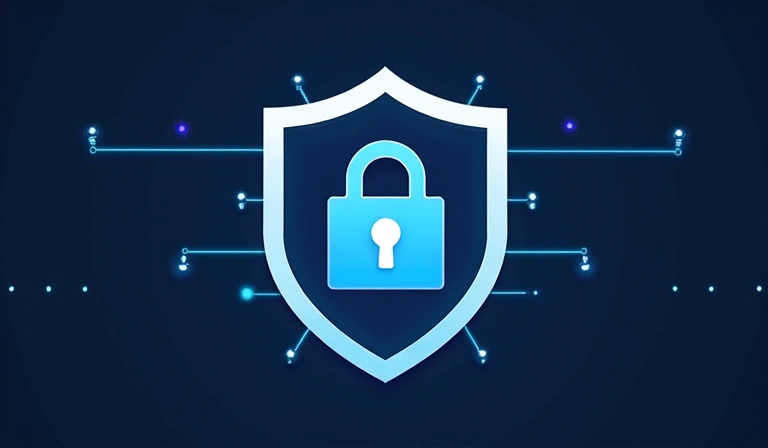 Pictogramă cu un scut și un lacăt, simbolizând securitatea cibernetică și protecția datelor.